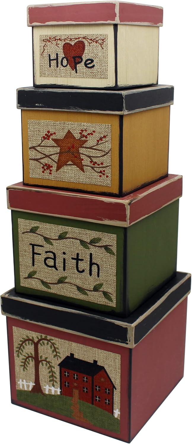 CVHOMEDECO. Square Primitives Vintage Hope Faith Star House Collectibles Cardboard Nesting Boxes, Set of 4. (8" x 8" x 7"H)