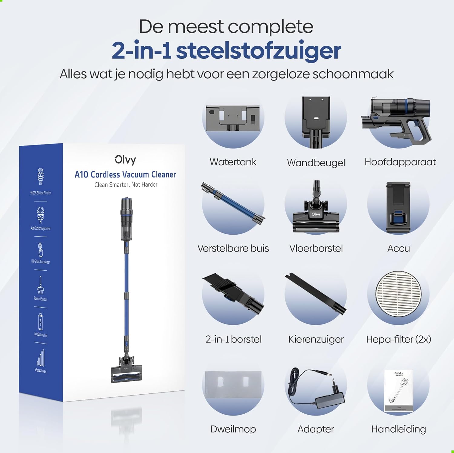 Diagram illustrating the 4 suction levels and auto mode of the Olvy A10 vacuum cleaner