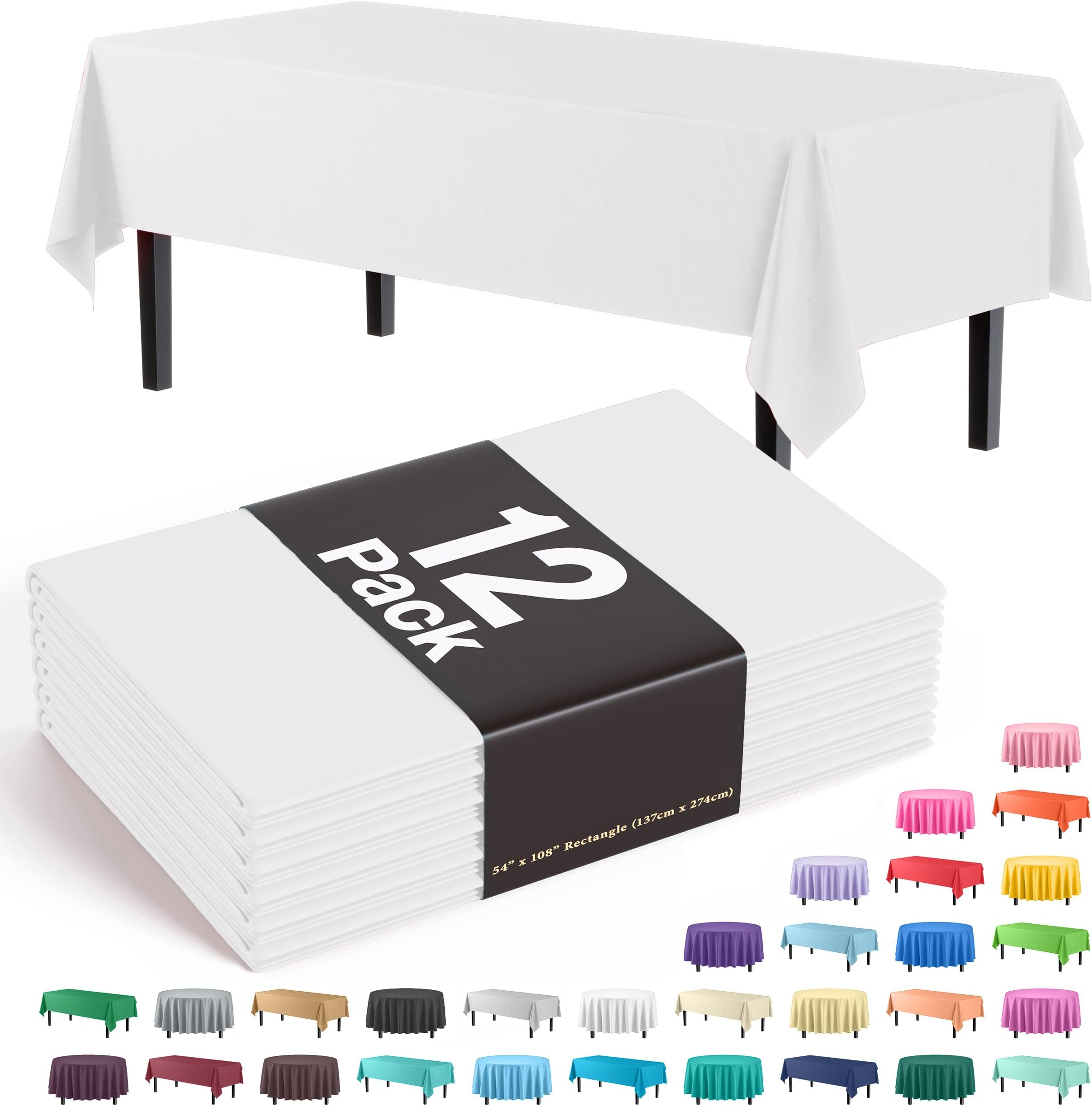Exquisite 12-Pack Premium Plastic Tablecloth 54 Inch. x 108 Inch. Rectangle Table Cover-White