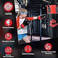 Vista 9 de GYMAX Saco de boxeo para niños, saco de boxeo prellenado con guantes de boxeo, envolturas de mano y bolsa de transporte, saco de boxeo pesado