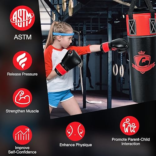 Miniatura 9 de GYMAX Saco de boxeo para niños, saco de boxeo prellenado con guantes de boxeo, envolturas de mano y bolsa de transporte, saco de boxeo pesado