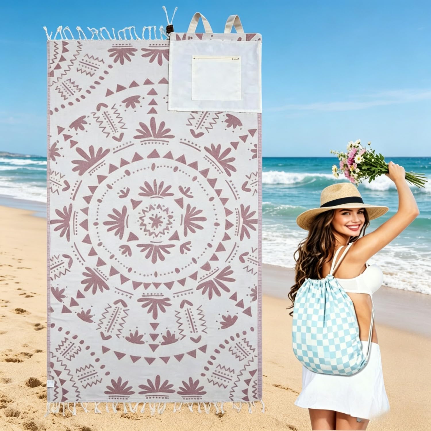 2 in 1 beach towel bag, 2-in-1 Convertible Towel & Backpack with Inner Zip Pocket & Sand-Repelling Fabric - Oversized Microfiber Wearable Beach Bag (#D) — image 1
