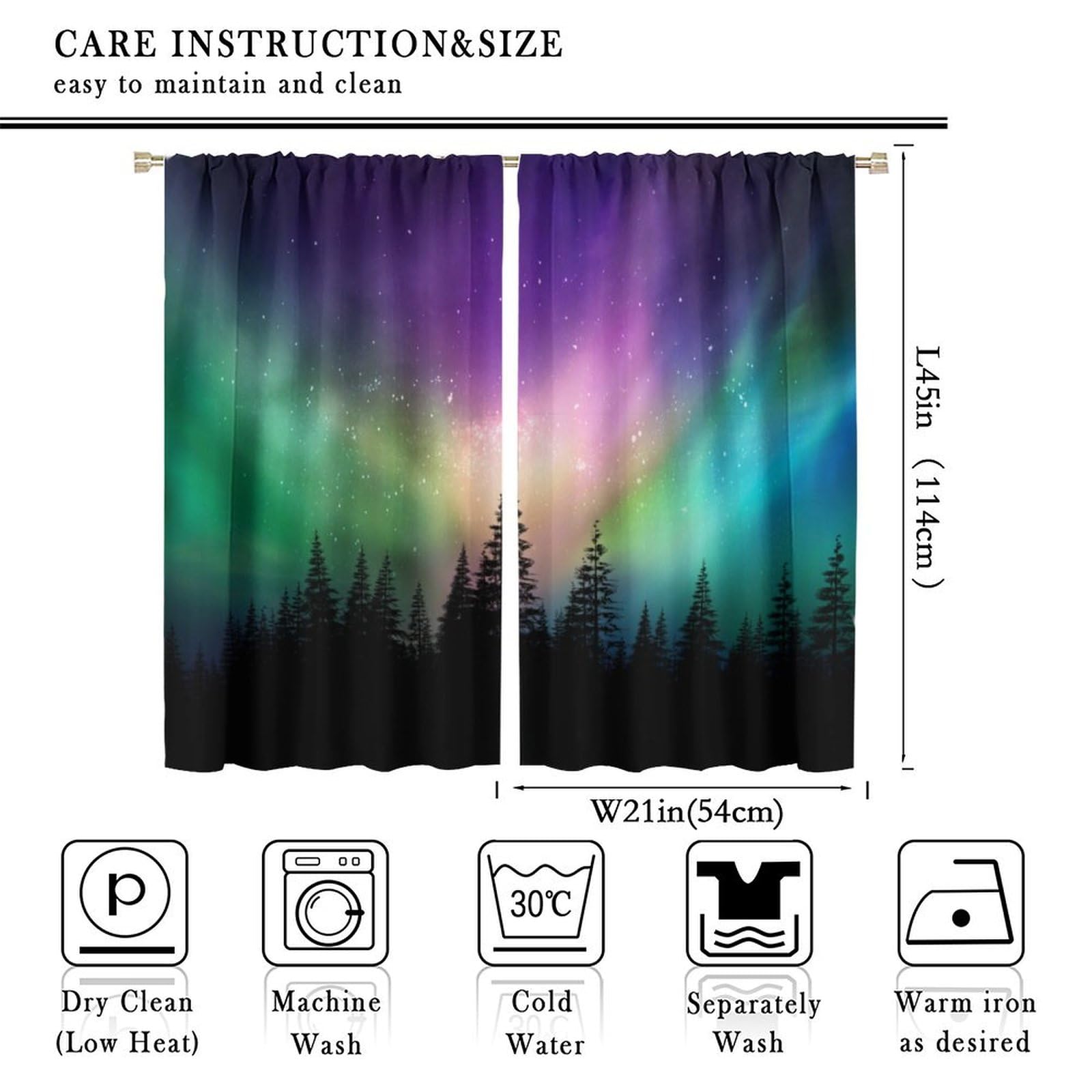 Girls Aurora Curtains, Nature Forest Purple Starry Sky Northern Lights Landscape Pattern Decor Windows Treatments, Thermal Insulated Drapes for Boys Kids Living Room Bedroom Kitchen 42x45in