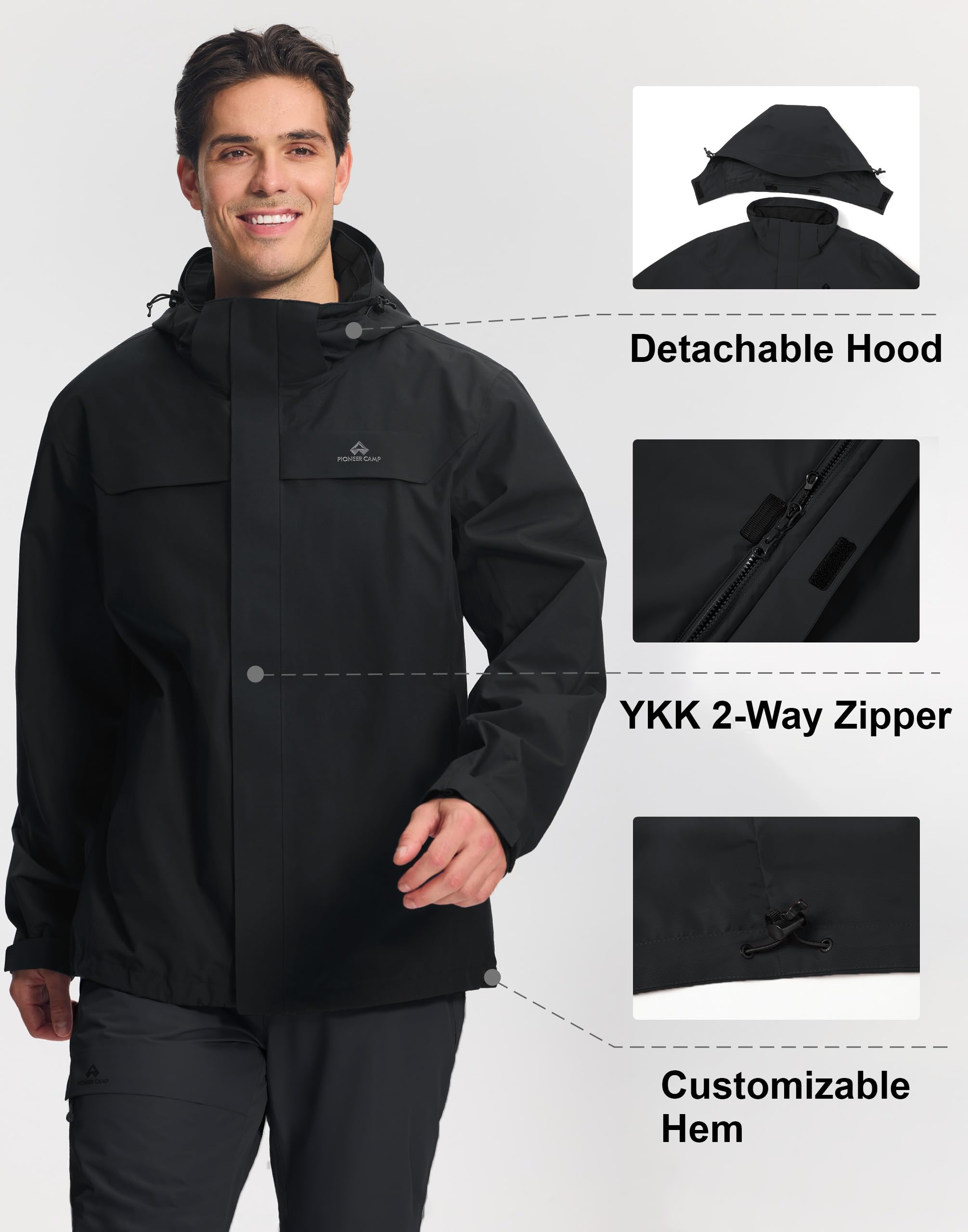 Pioneer Camp Regenjacke Herren Wasserdicht mit Kapuze Verstellbarem Saum Outdoorjacke 3 Reißverschlusstaschen und Klettverschluss