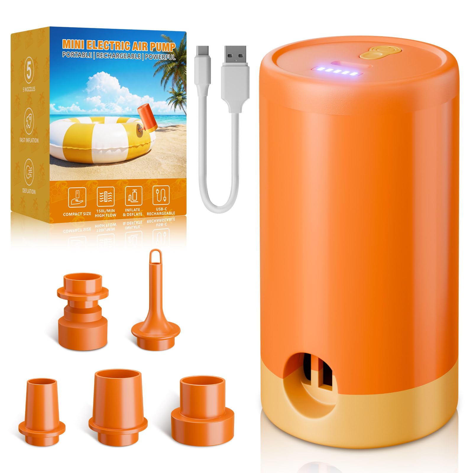 Electric Pump for Inflatables CLOPAE Electric Mini Air Pump for Inflatables Air Bed Pump with 5 Nozzles for Paddling Pool Airbed