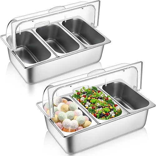 Paquete de 2 recipientes de exhibición de alimentos para encimera, bandeja de servir alimentos de acero inoxidable, dispensador de condimentos,