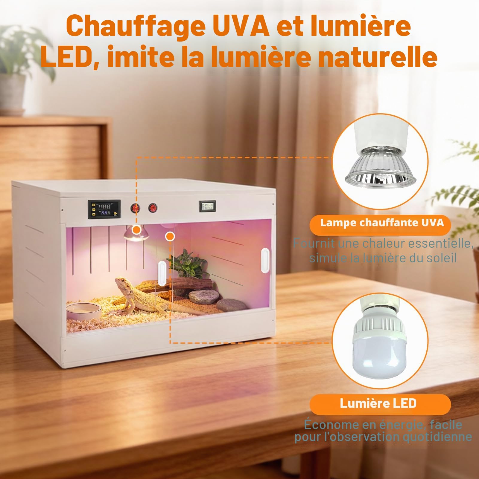 Boîte d'Éleveuse Poussin, Incubateur Couveuse Poussin, Cage a Poule de 96 L, avec Éclairage/Lampe Chauffante UVA et Porte Coulissante, pour Lézards, Geckos, Hamsters, Canards et Autres Petits Animaux