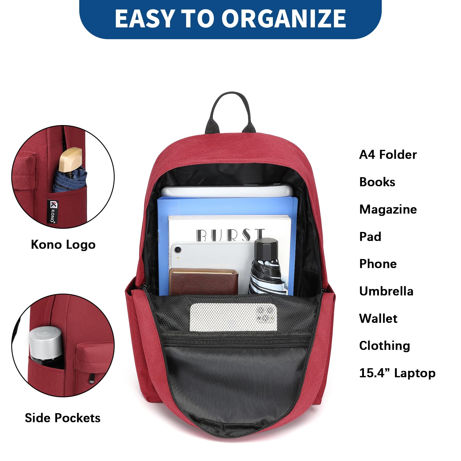 KONO Zaino Casual, Zaino Uomo Leggero 15,4 Pollici Laptop Bag per Viaggi Lavoro Scuola Affari Sport