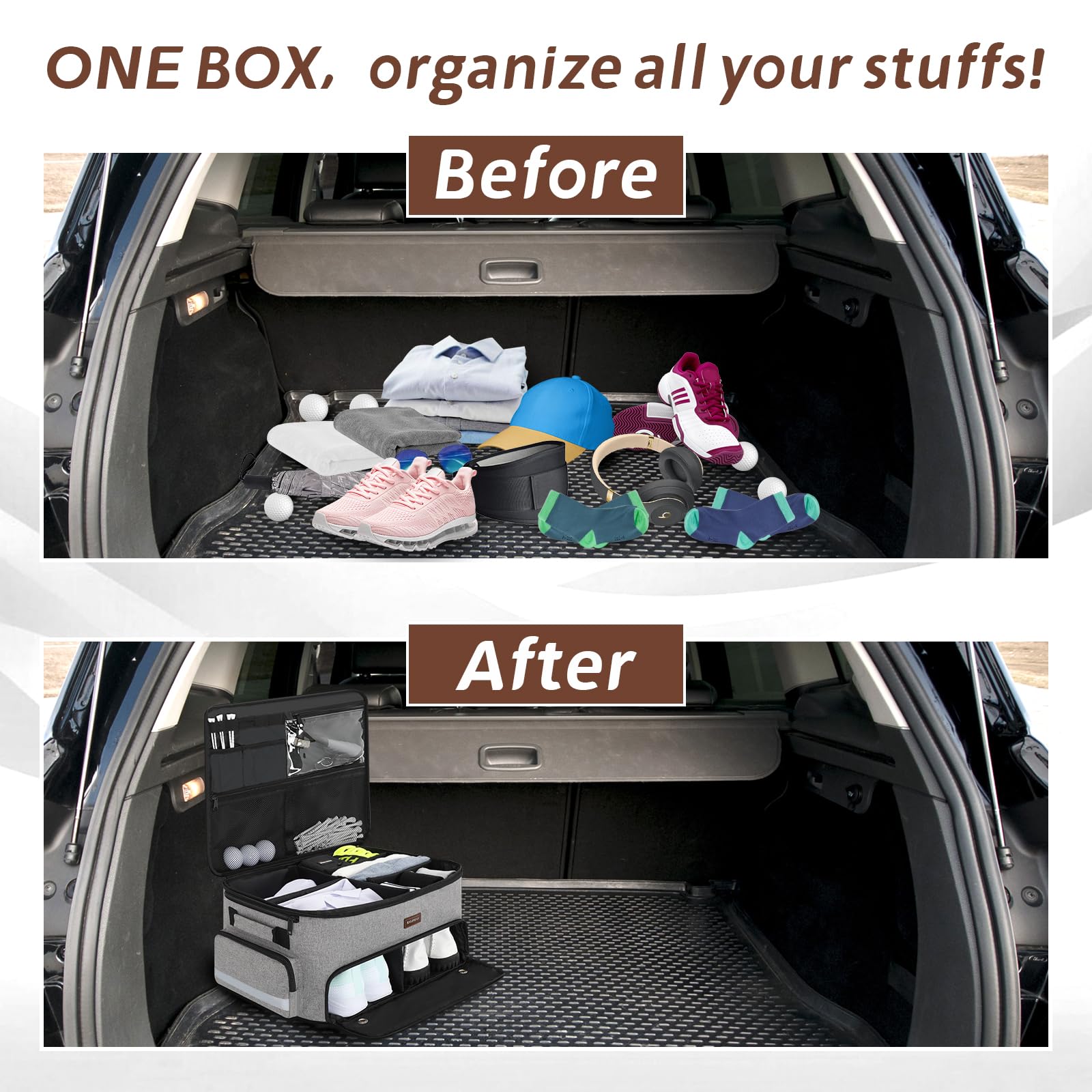 Organizador de maletero de golf para coche, 2 capas, con compartimento para zapatos ventilado separado, organizador de coche de golf gris para accesorios de golf, almacenamiento de coche para