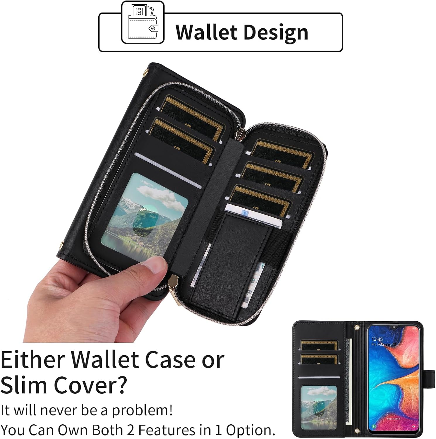 Argyle Wallet Case for Samsung Galaxy A20 A30 with Wrist Strap Shoulder Strap, 9+ Card Slots Zipper Purse Luxury PU Leather Stand Checkered Phone Cover for M10s A 30 20A SM A205G Black