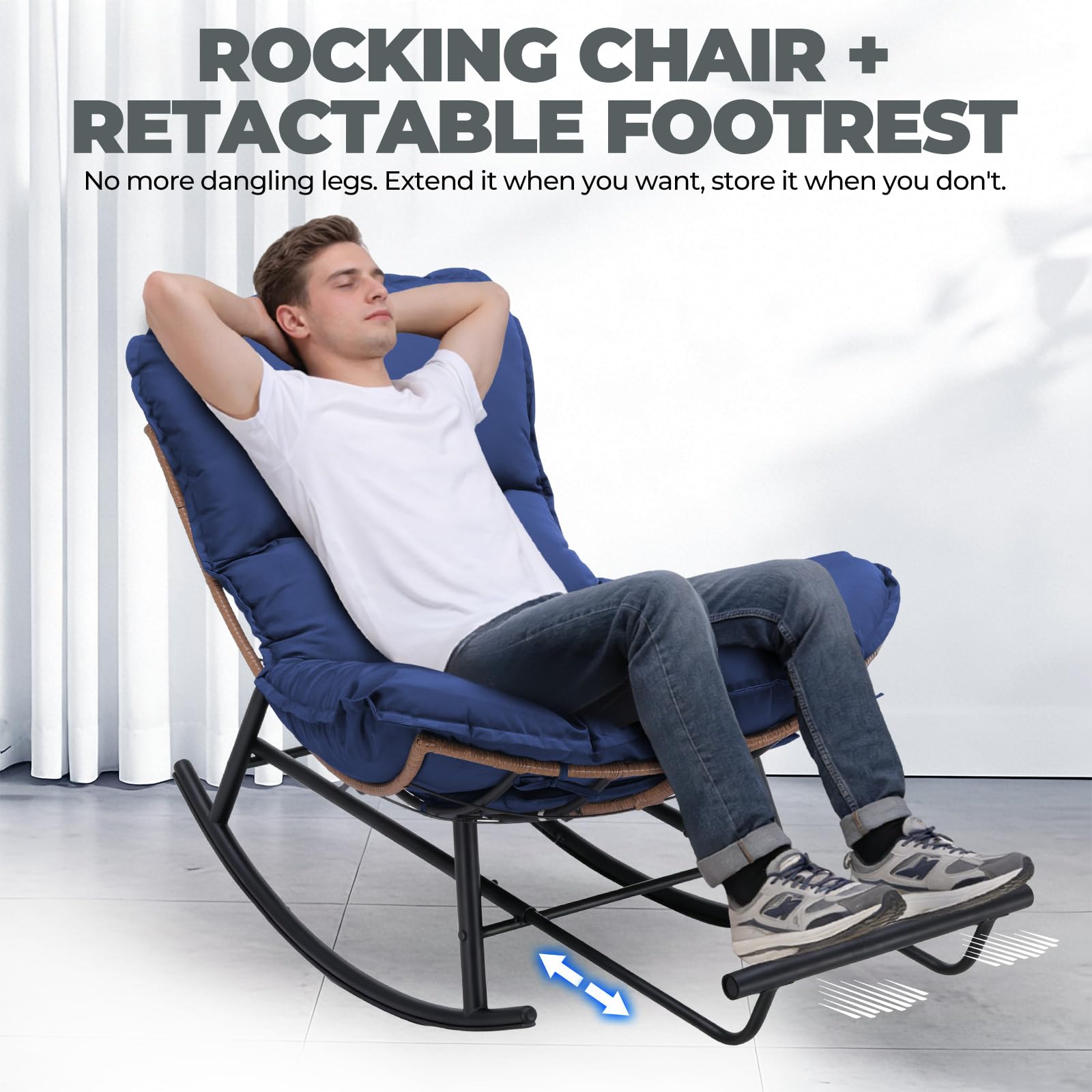 COMHOMA Sedia a dondolo, poltrona relax, struttura in acciaio, poggiapiedi estraibile, portata fino a 136 kg, per dormire, soggiorno, terrazza, giardino, blu