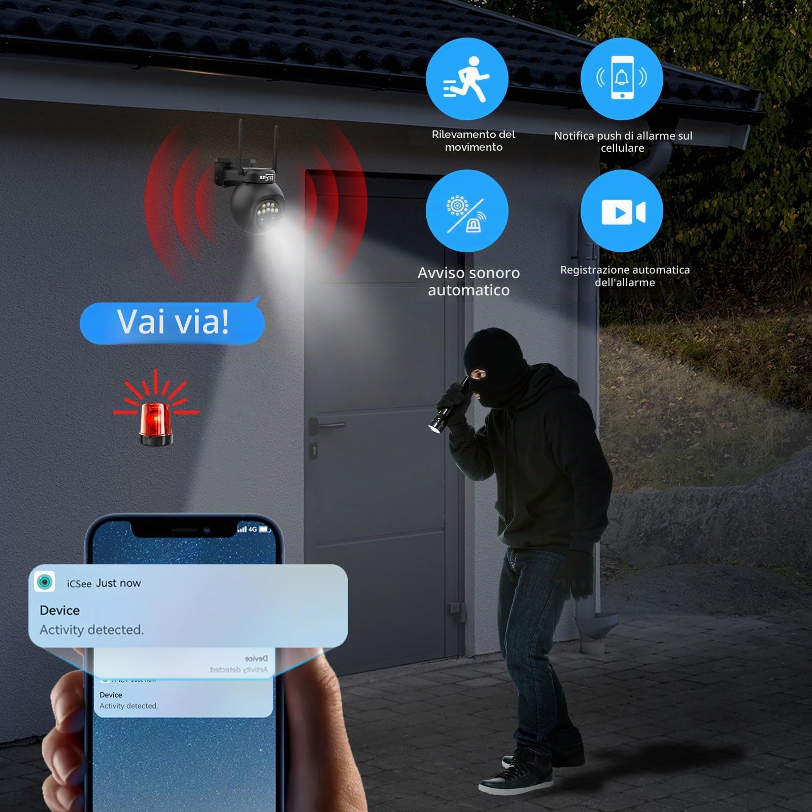 ENSTER PTZ Telecamera Wi-Fi Esterno con Doppio Obiettivo, 2K Camera IP Sorveglianza Tracciamento Auto dello Zoom Rilevamento Umano 8X Zoom Híbrido,Visione Notturna a Colori,Audio Bidirezionale