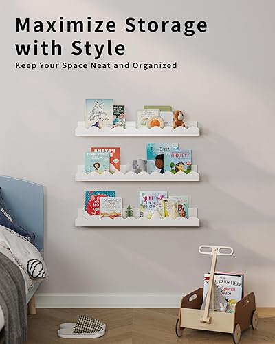 Miniatura 6 de G&W Gruwald Juego de 3 estantes para libros de guardería, decoración de guardería para bebés y niños pequeños, estantes festoneados, estante de