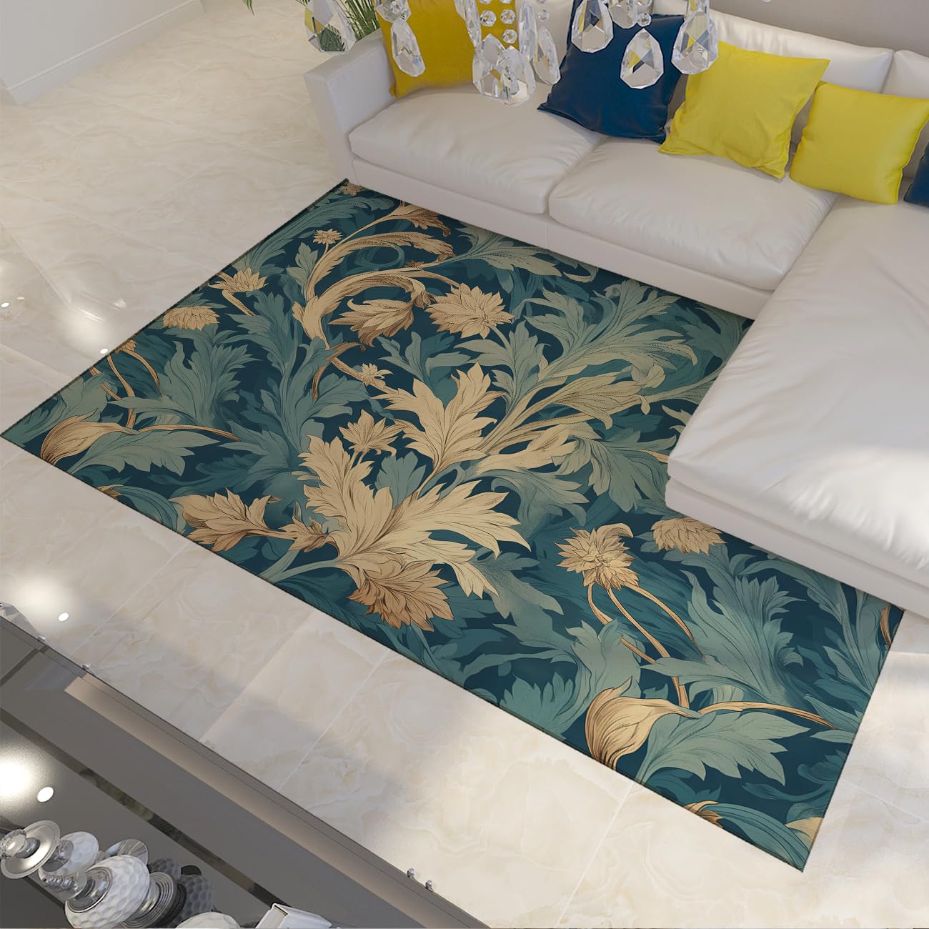 Tappeto 100x150 lavabile Tappetino da nursery vintage blu floreali per soggiorno teal botanico a voluta camera letto Moquette antiscivolo ultrasottile la sala giochi pranzo della