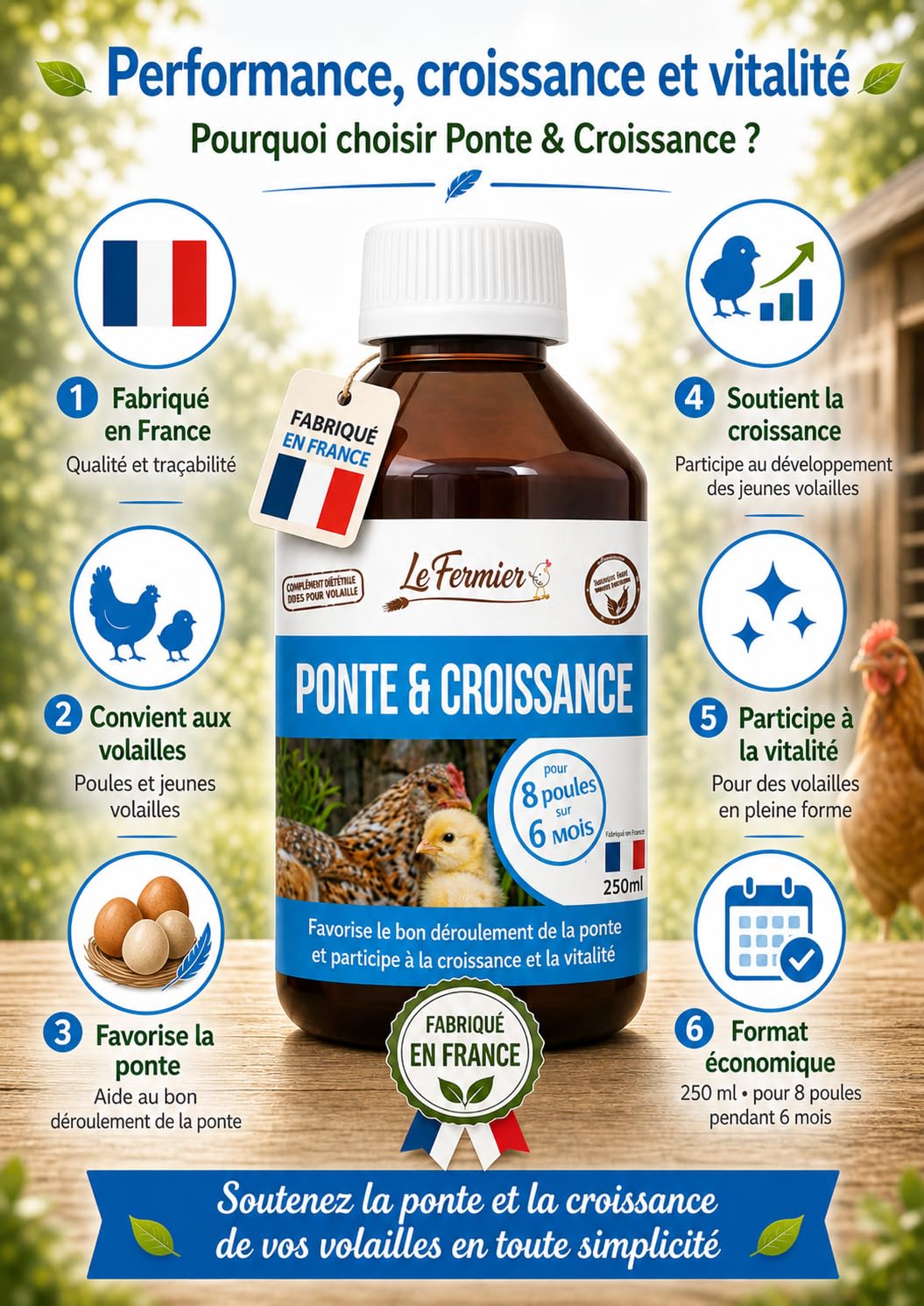Ponte & Croissance 250 ML – Complément Alimentaire Liquide pour Poules & Volailles – Favorise la Ponte et Le Développement – sans Risque pour Les Œufs – Solution Buvable