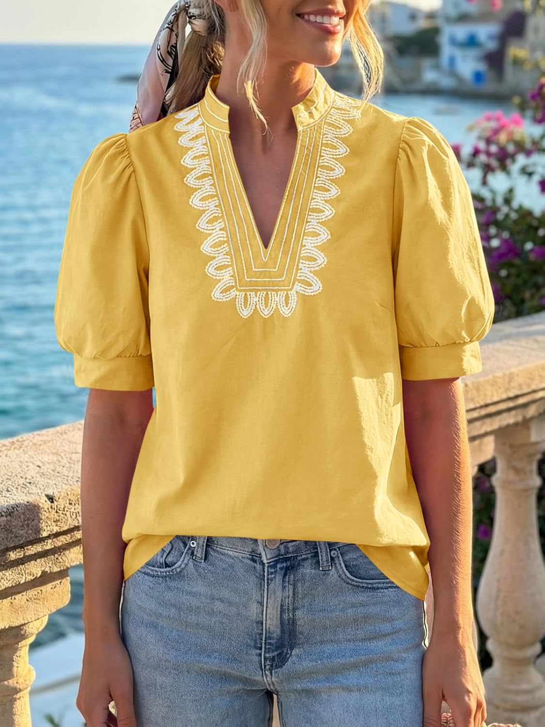 Cicy Bell Womens Puff Short Sleeve Blouses Summer Casual Dressy Embroidered V Neck Tops Loose Fit Tee Shirts