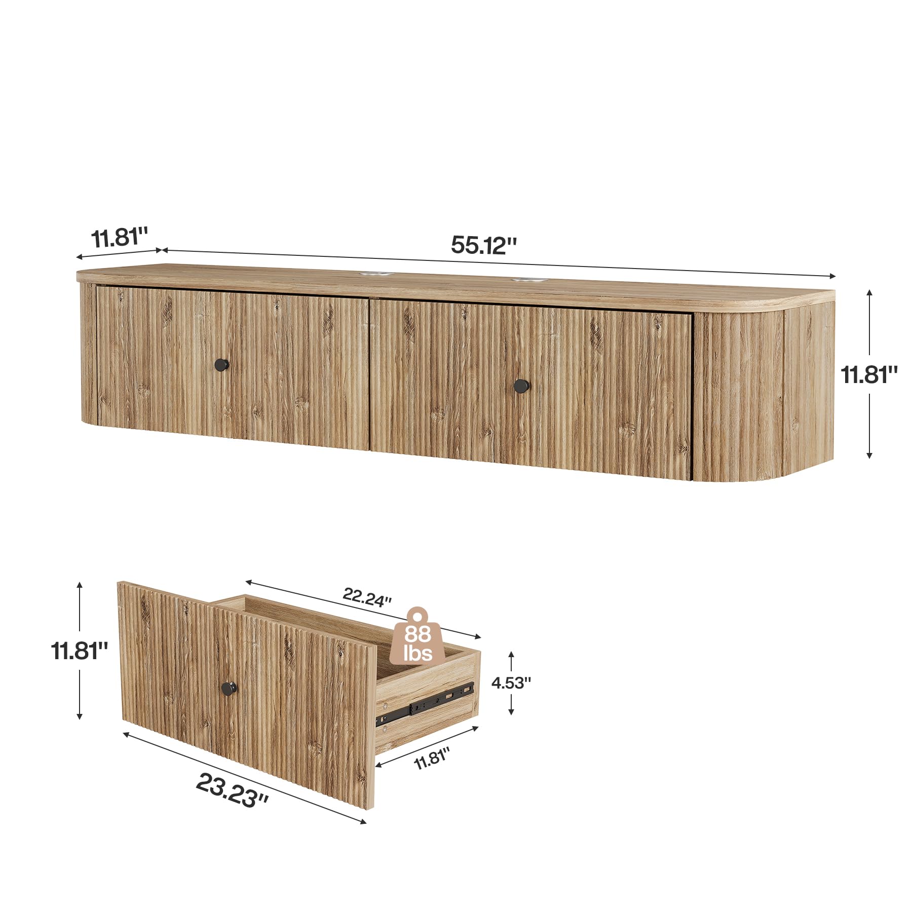 Tribesigns Mobile TV sospeso da parete, console TV da 140 cm con 2 cassetti scanalati, moderna tavola multimediale sospesa per soggiorno, camera da letto, rovere