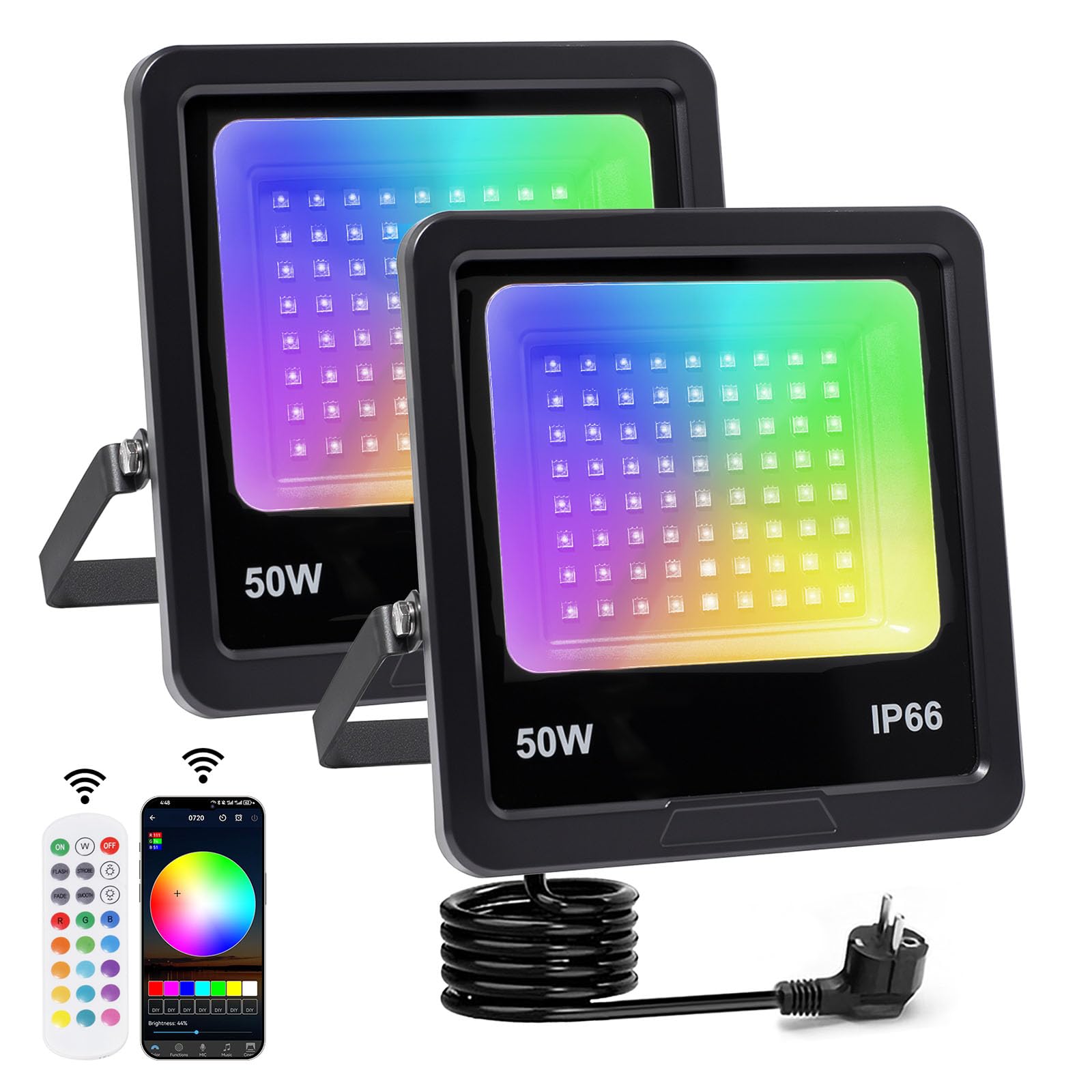 Outdoor RGB LED Spotlight 50 W, Faretto Led Rgb, IP66 Waterproof Dimmable Projector with Bluetooth App and 2.4 G Remote Control for Garden, Party, Halloween（2PC)