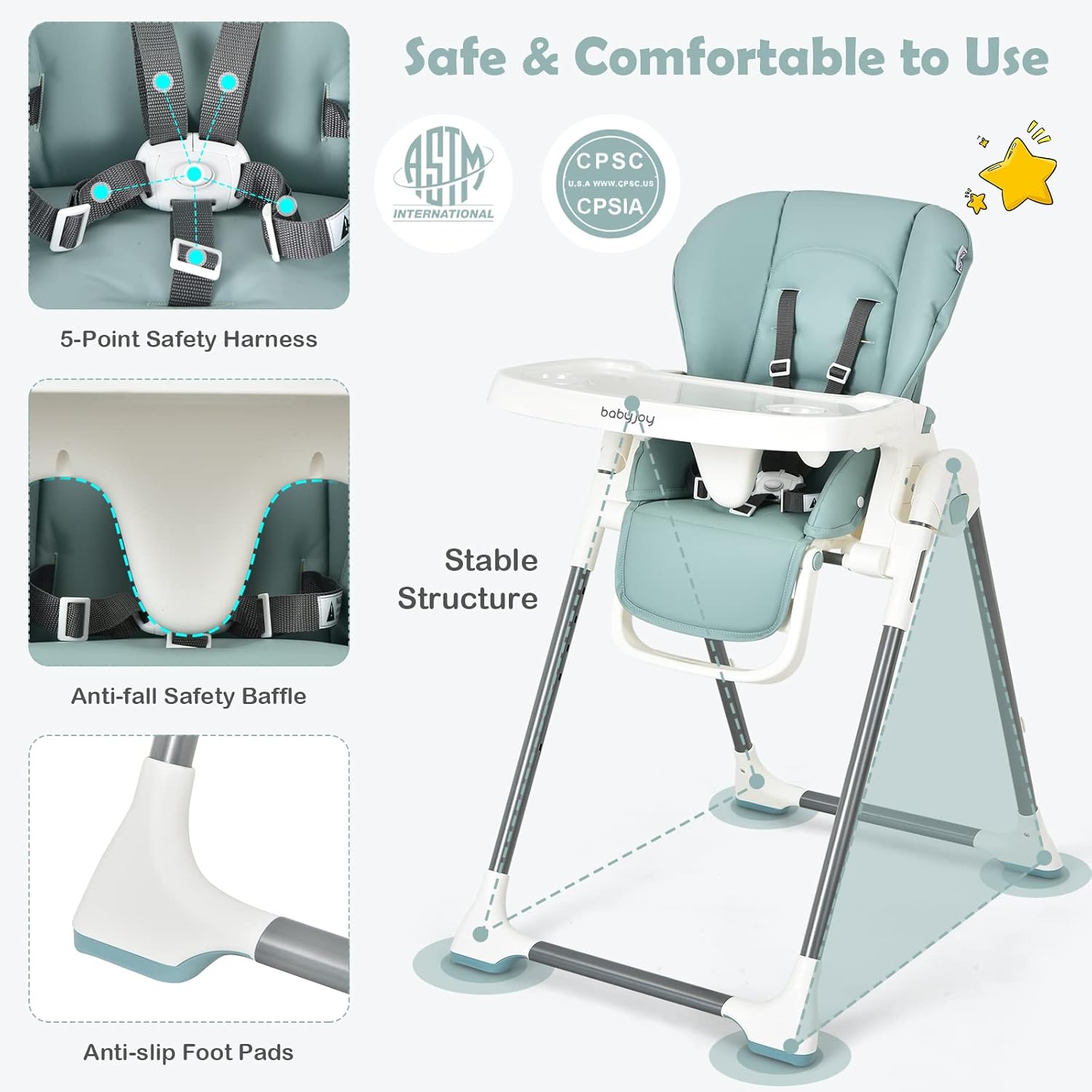 BABY JOY High Chair for Babies & Toddlers, Foldable High Chair w/Adjustable Height/Backrest/Footrest, Double Removable Tray, Book Holder & Storage Bag, Highchair for 6-36 Months Girls Boys (Green)