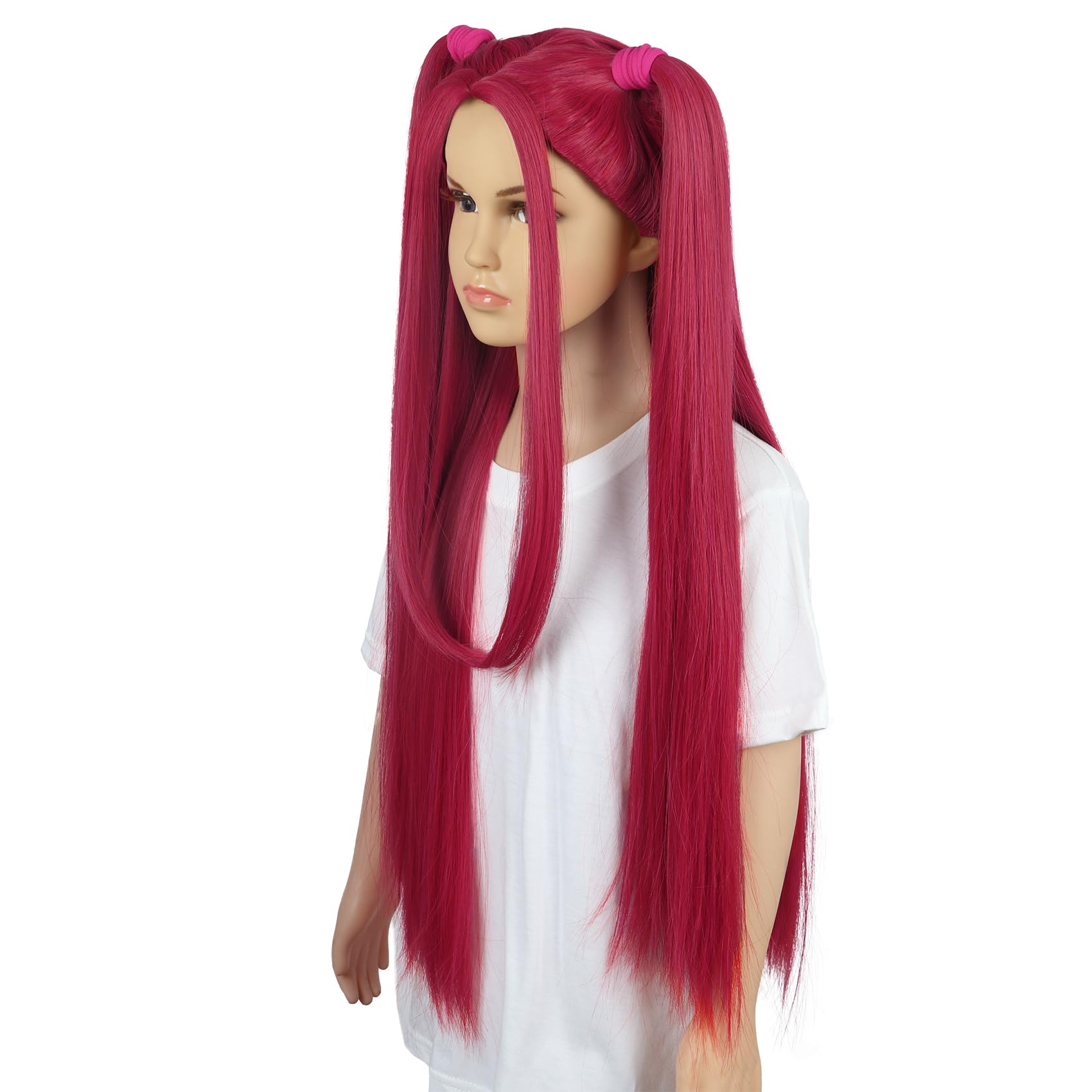 karlery FILLE Longue Droite Rose vif Perruque avec 2 queues de cheval Dessin animé Anime Film Cosplay Perruque Halloween Costume Party Perruque