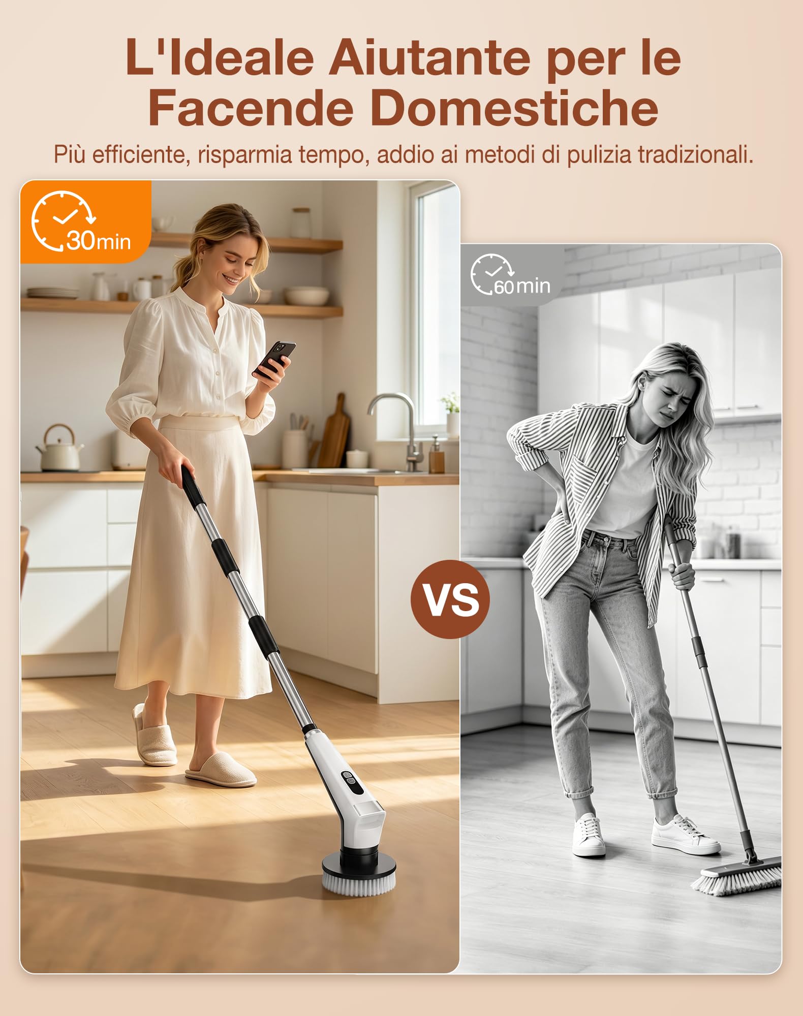 Spazzola Rotante Pulizia Casa con 9 Testine, Manico Estensibile, 3 Velocità, con Illuminazione LED, Batteria da 3000 mAh, Impermeabile IPX8, Spazzola Rotante per Pulizia per Bagno, Cucina, Pavimenti
