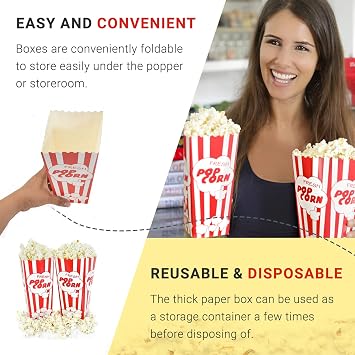 15 Movie Night Popcorn Paper Boxes Buckets 7.75 Inches Tall Large & Holds 46 Oz Old Fashion Vintage Retro Party Design Red & White Colored Nostalgic Carnival Stripes Bags & Tubs various qty avail