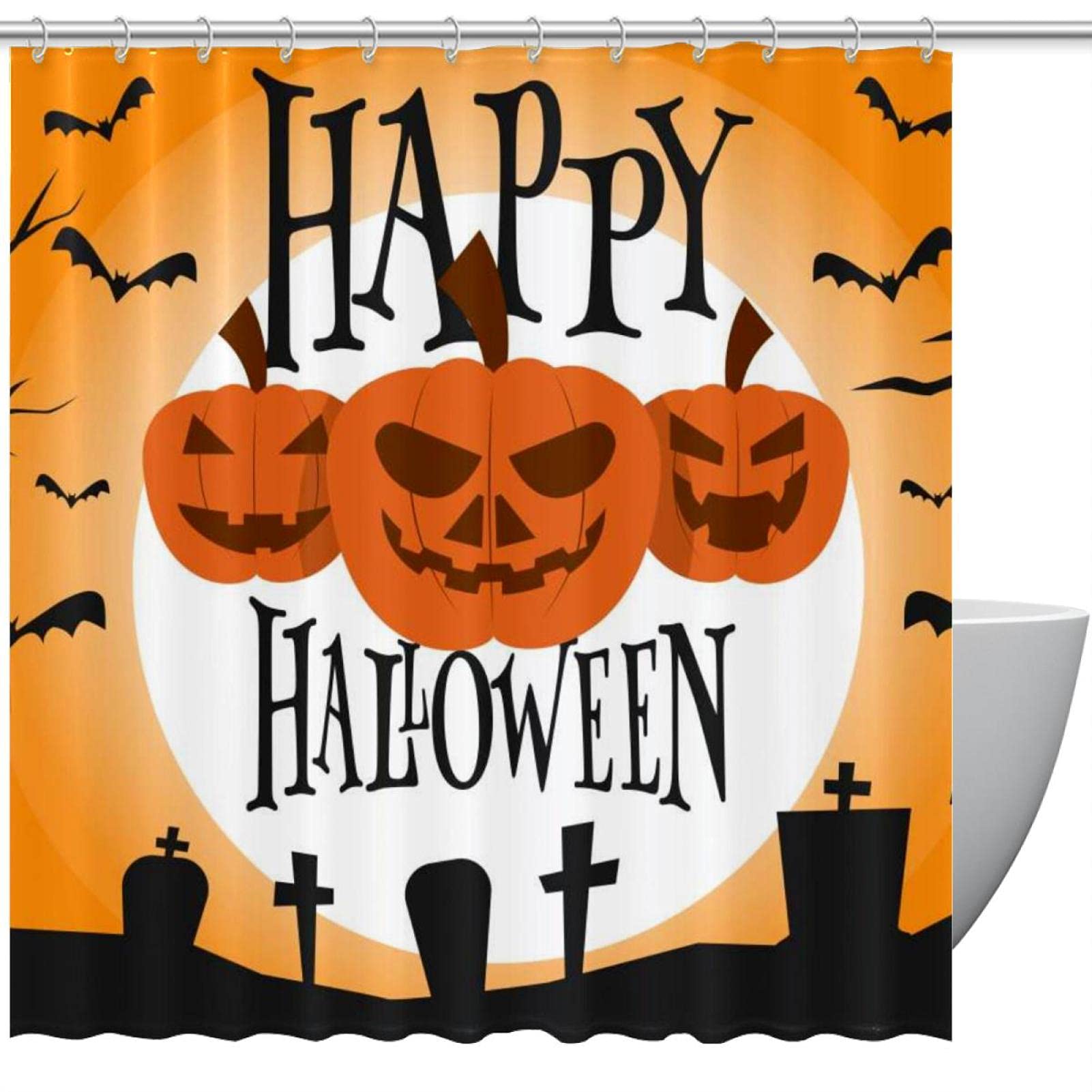 SDOTPMT 152x183cm Halloween Tenda da doccia Magia Strega Prenotare Cappello Zucca Scopa Tenda da bagno Pipistrello Completo Luna Notte Erba foresta Tenda da doccia Impermeabile per Bagno con ganci