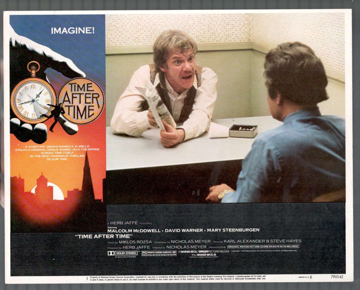MOVIE POSTER: Time After Time 11"x14" Lobby Card #1 Malcolm McDowell Time Travel-Sci-Fi-Thrill