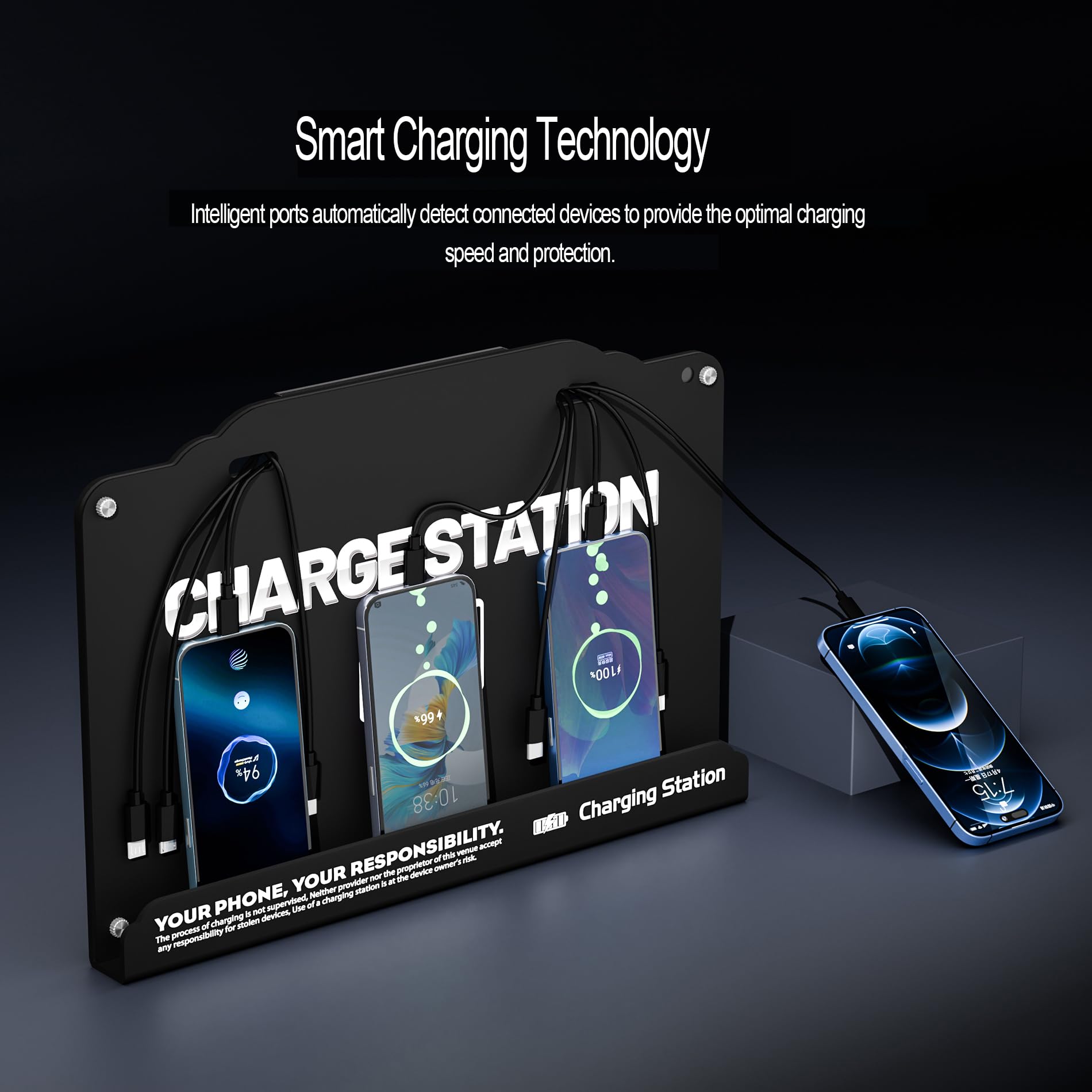 Estación de carga de 8 puertos montada en la pared con cables Fast Charigng - Base de carga multidispositivo para oficina, hotel y espacios públicos | Compatible con iPhone, iPad, smartphone, tabletas