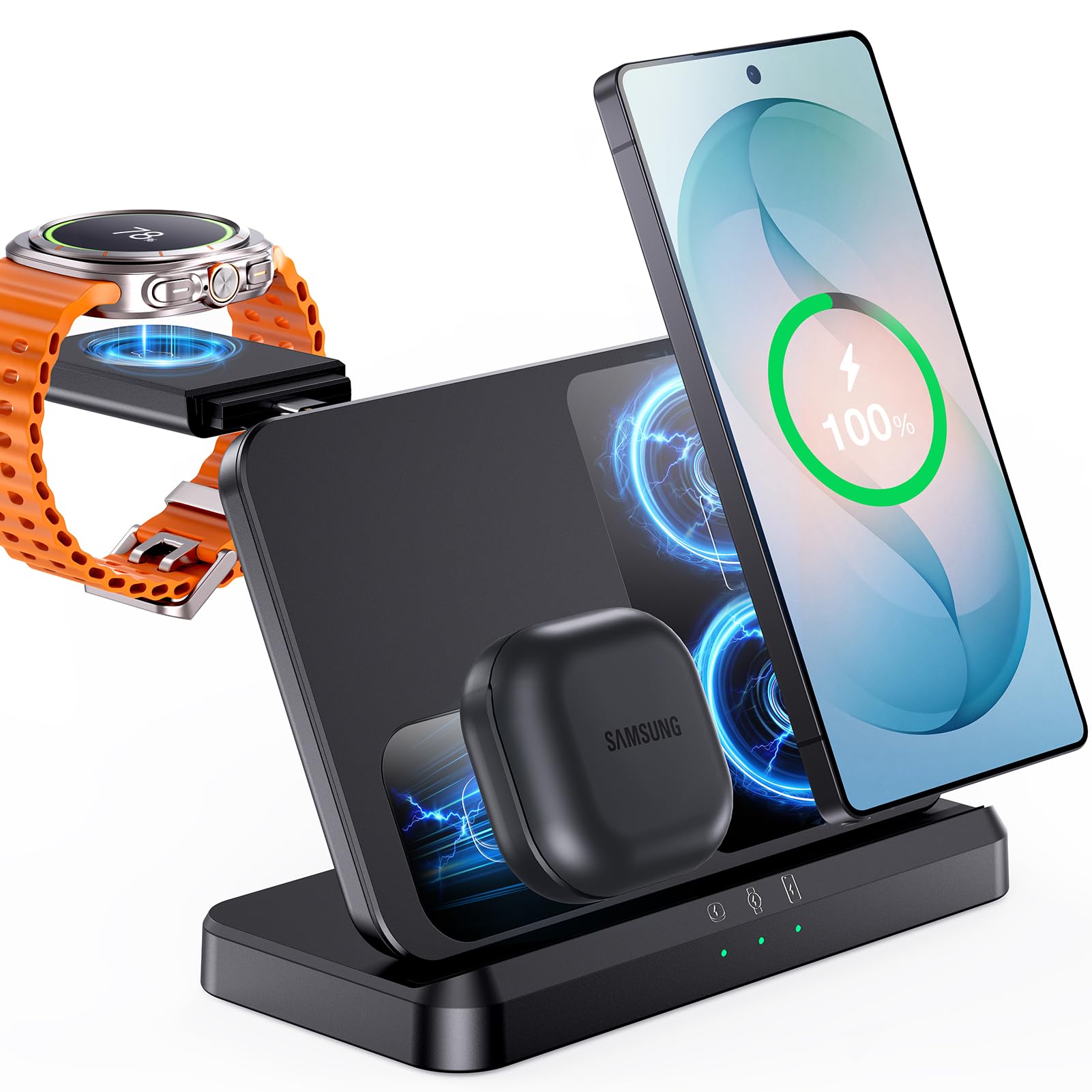 EGV Station de charge inductive pour Samsung - Chargeur sans fil 3 en 1 | Station de charge inductive compatible avec Buds, chargeur amovible pour Galaxy Watch Ultra/8/7, Z Fold/Flip 7/6