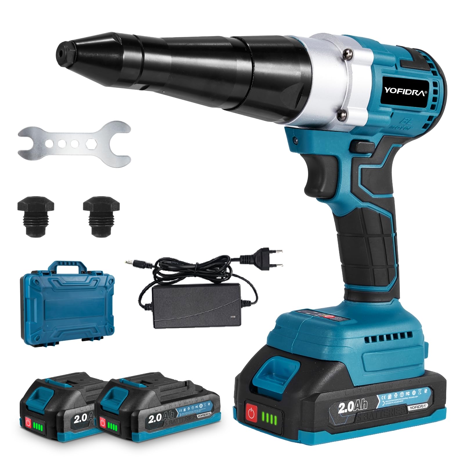 Yofidra Battery Operated Rivet Gun, 20,000N Pop Rivet Clamp Set with 2x2.0Ah Batteries, Automatic Electric Clamp for 2.4-5mm Steel and Aluminum Blind Rivets, Stroke 20mm