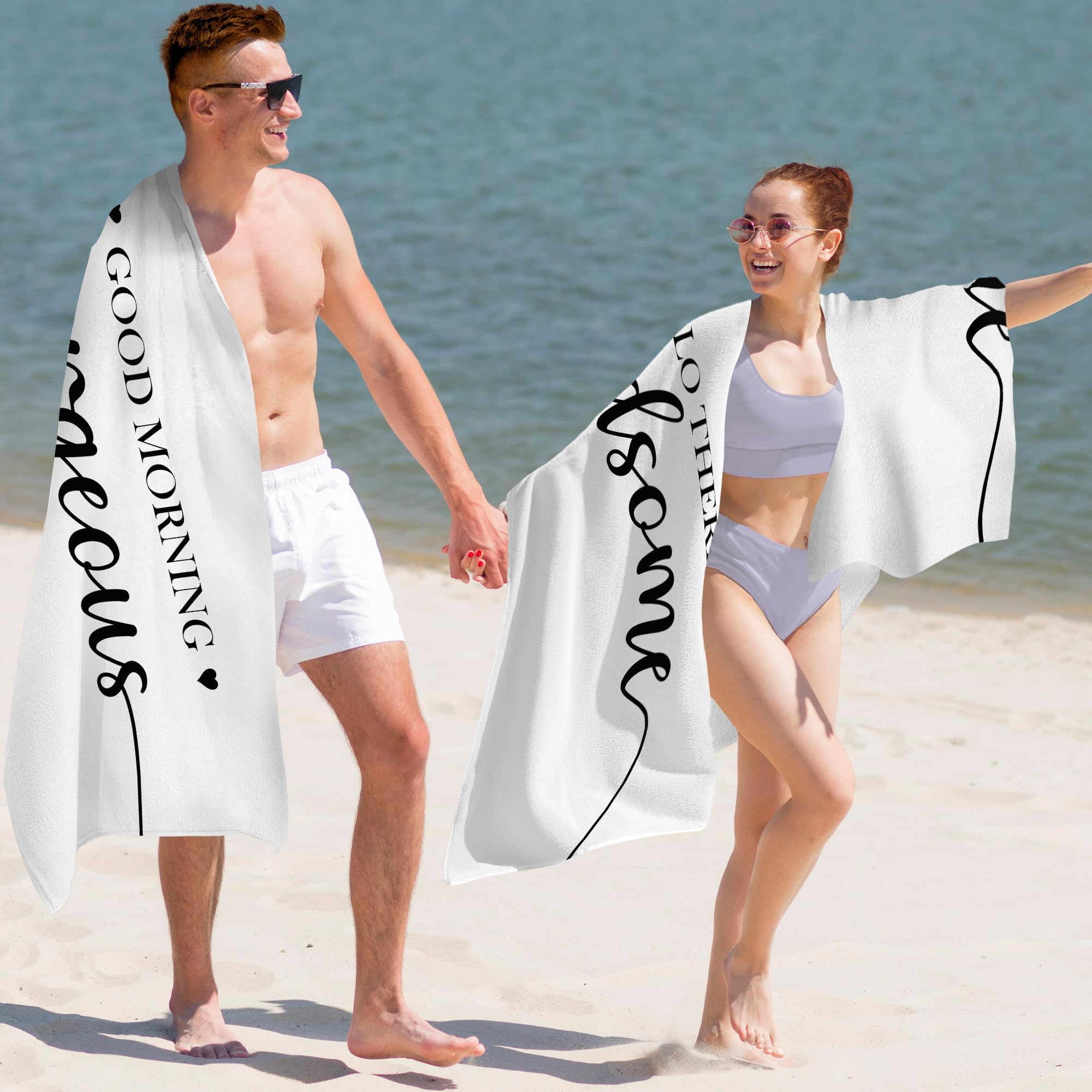 Juego de 2 toallas de playa con texto en inglés "Couple Good Morning Gorgeous Hello There Handsome Beach", para luna de miel, boda, San Valentín, regalos para novia, novio, para él y ella,