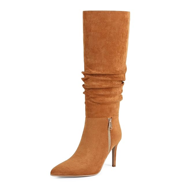 Womens Wide Calf Knee High Slouch Boots Suede Kitten Heel Boots for Women Pointed Toe Side Zip Dress