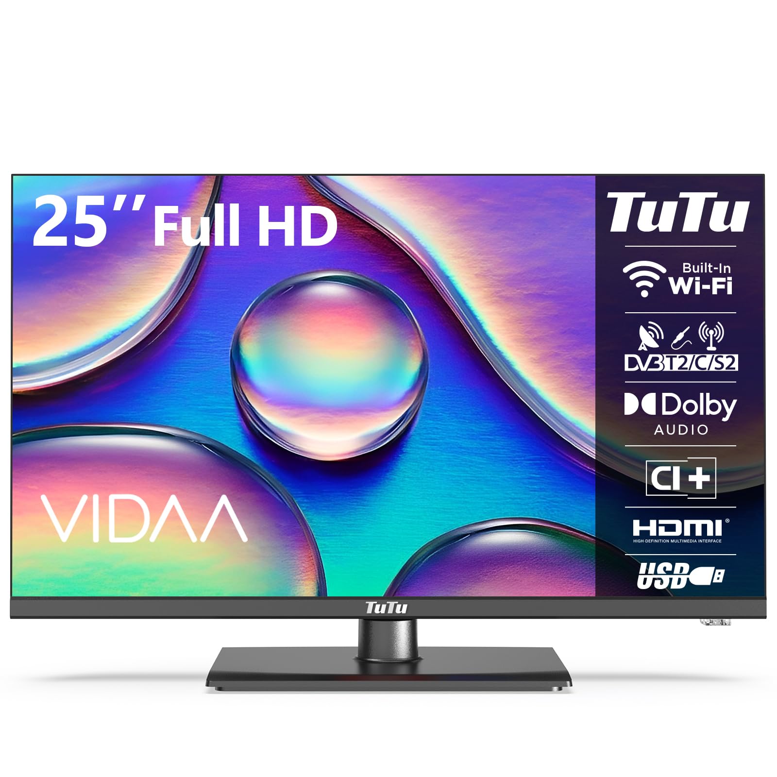 TuTu Smart TV 25 Pollici (64 cm) Full HD LED Televisori con Wi-Fi, Triplo Tuner (DVB-T/T2, DVB-C, DVB-S/S2), App Store, HDMI, USB, Modalità hotel, Piede Centrale