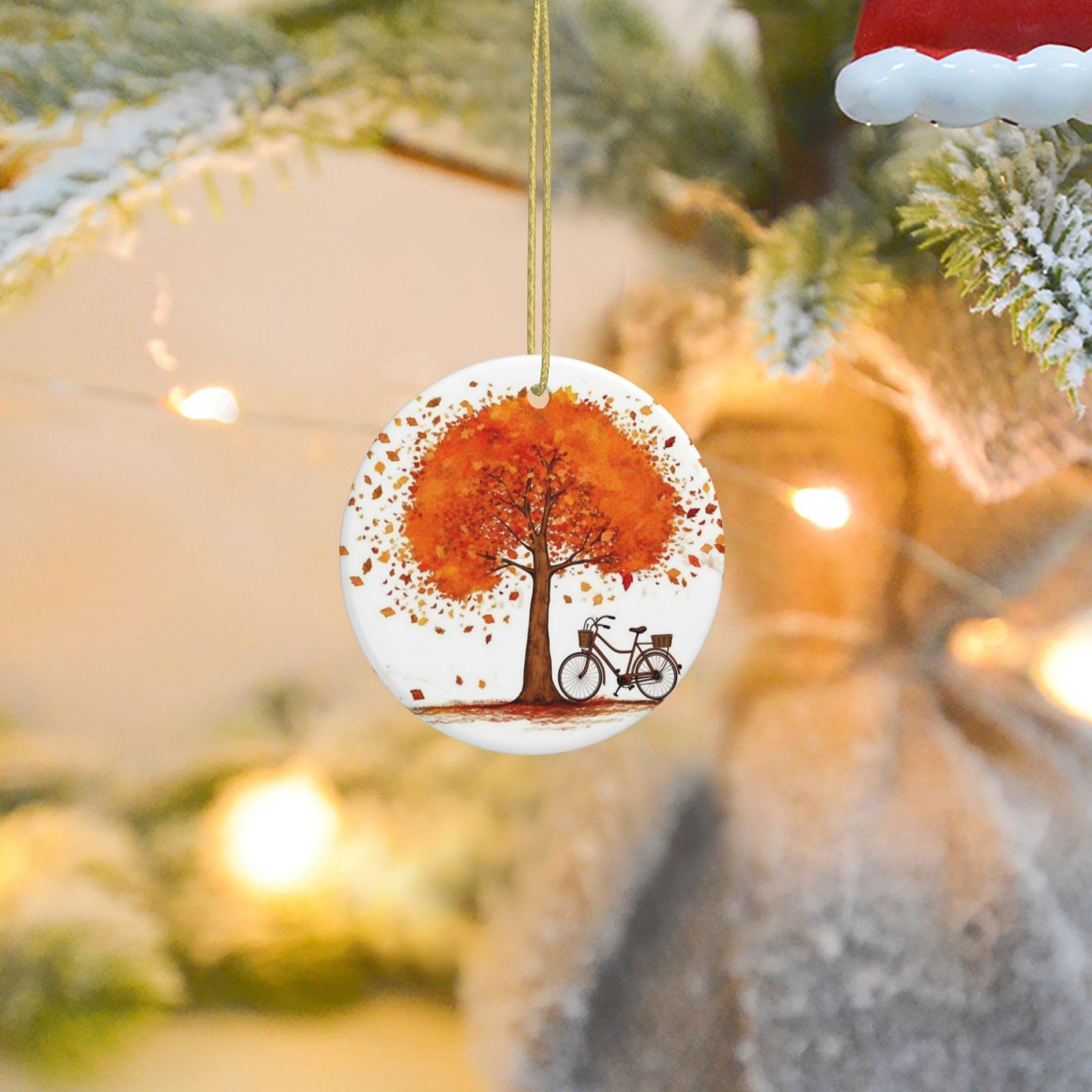 Christmas Tree Ornaments Ceramics Christmas Round Decorations Autumn Tree with Aged Old Bike Ceramics Ornaments Circle Pentagram Xmas Tree Hanging Pendant for Christmas Tree Party Holiday Home Decor