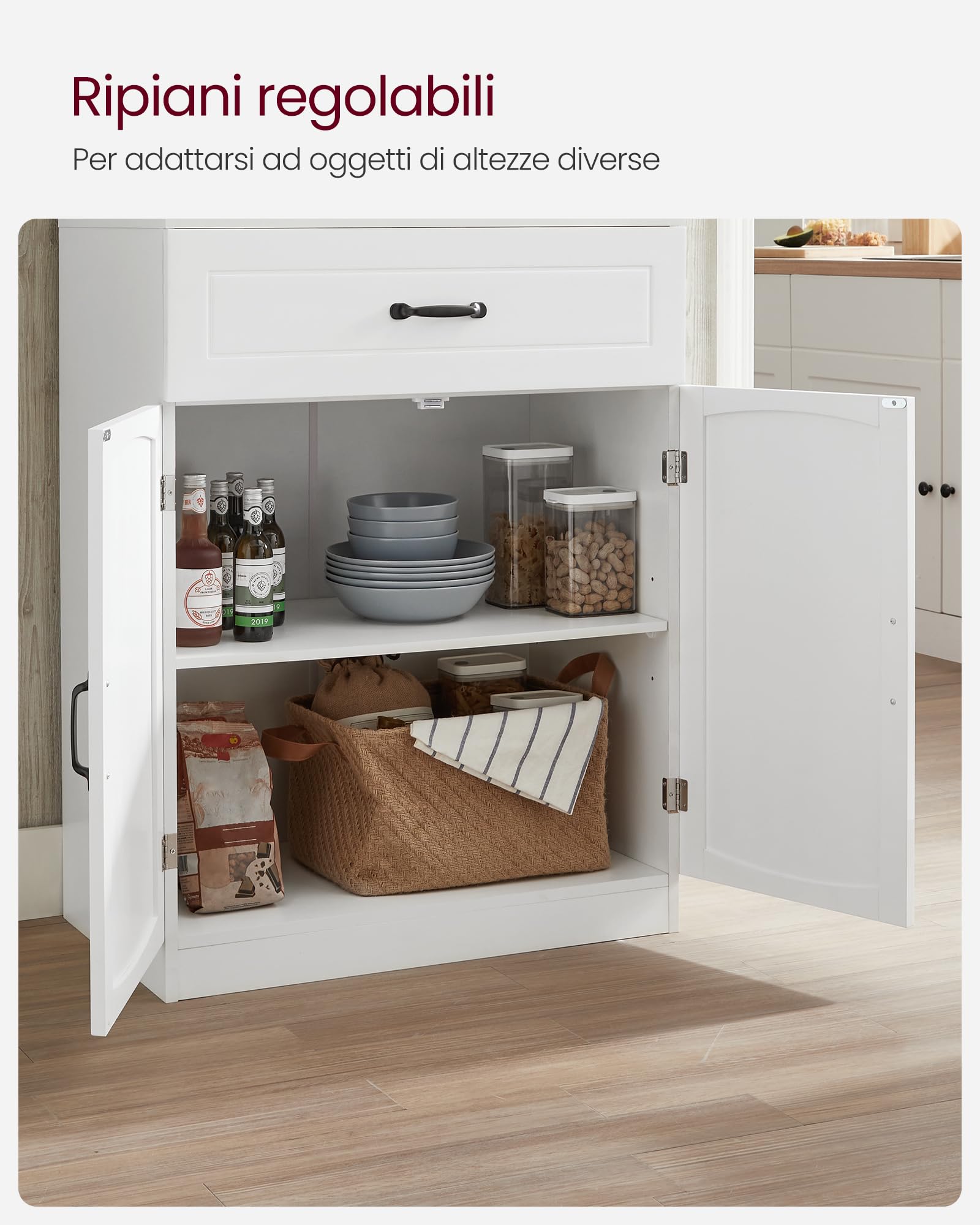 VASAGLE Credenza Alta Cucina, Dispensa Mobile da Cucina con Ante in Vetro e Ripiani Regolabili, Cassetto, Foro per Cavi, per Microonde, Stile Moderno, Bianco LSC361W21