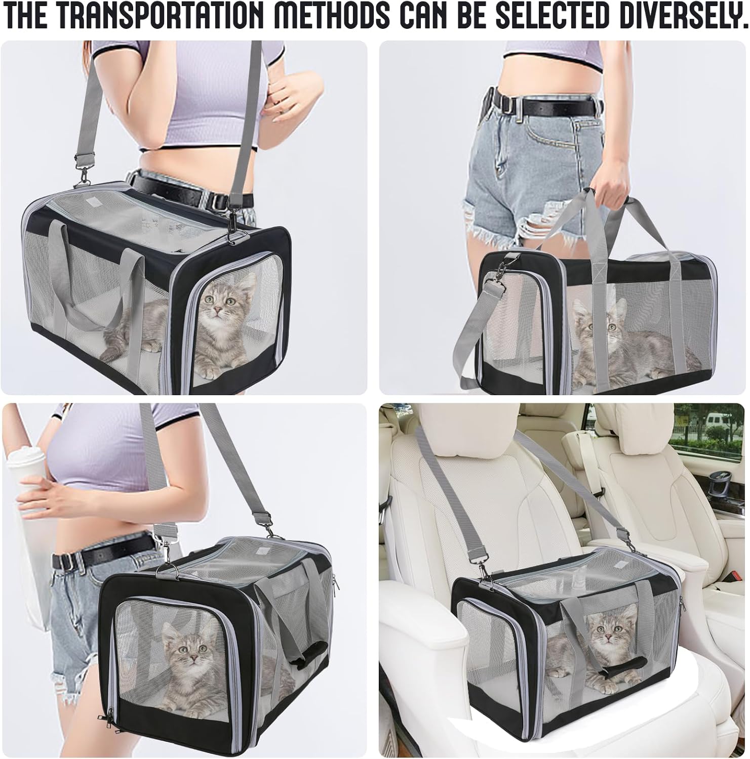 Pet Carrier for Large Cats of 25 Lbs,Collapsible Carrier Bag for Big Cat or 2 Kittens,Soft Sided Puppy Carrier with Sturdy Travel Transport Strap, Adequate Ventilation, 4 Mesh Windows (Black)