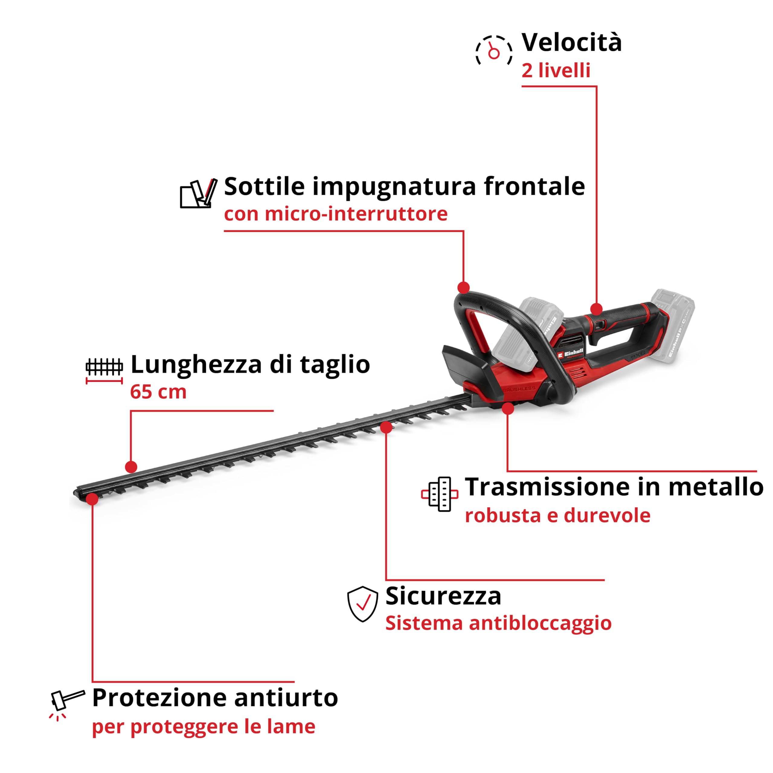 Einhell Professional Tagliasiepi a batteria GP-CH 36/65 Li BL-Solo Power X-Change (36 V, lunghezza di taglio 65 cm, distanza tra i denti 30 mm, Brushless, sistema antibloccaggio, senza batteria)