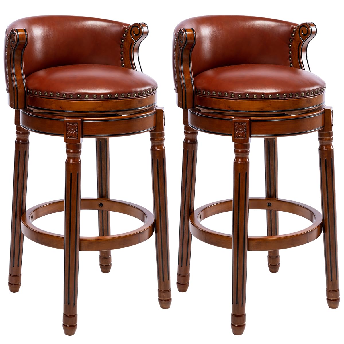 AULIFE Cow top Leather Wooden Bar Stools, 29.5" Bar Height Bar Chair with Back, 180 Degrees Swivel Barstools Chair for Home Kitchen Counter,Dining