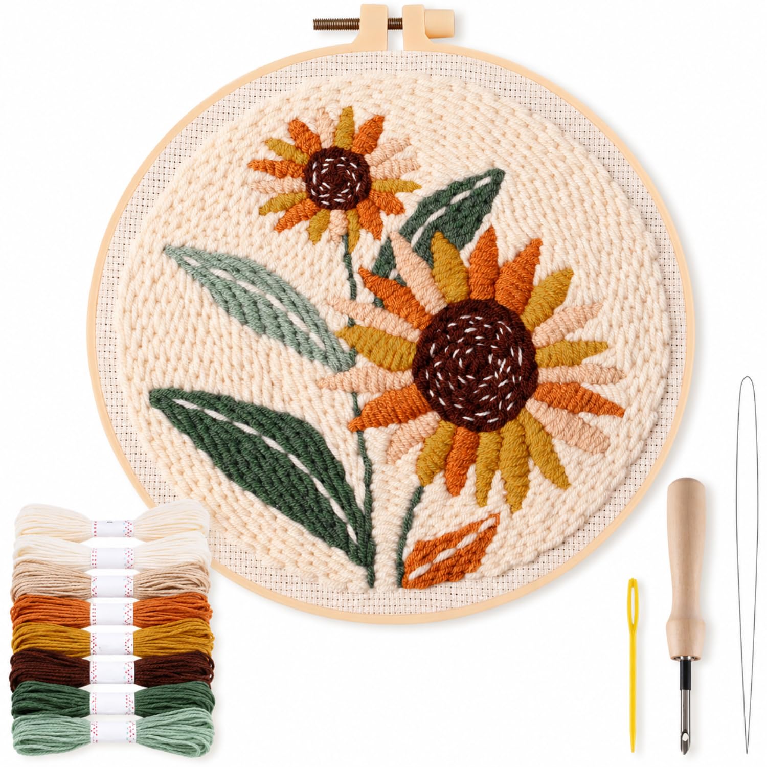 BendJoy Embroidery Kit for Beginners, Sunflower Pattern Cross Stitch Embroidery Kit, DIY Punch Needle Embroidery Materials, Hand Stitching Craft Set for Adults Home Decor Gift-picture-27