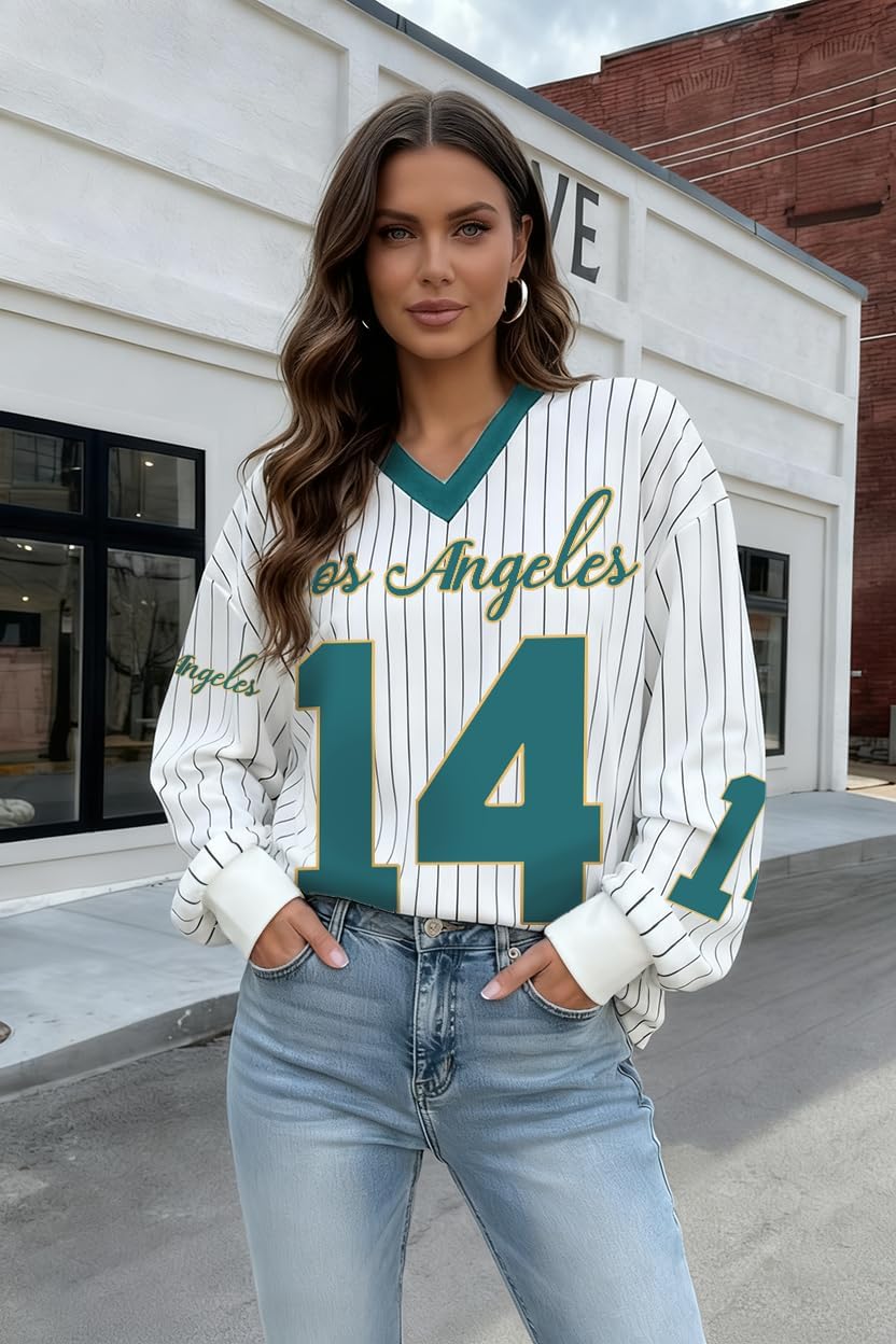 Jersey Shirts for Women Oversized Jersey Sweatshirts V Neck Striped Long Sleeve Casual Y2k Baggy Streetwear Tee Tops - Image 3