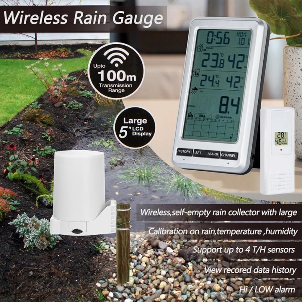 Kabelloser Digitaler Regenmesser mit Selbstentleerendem Kollektor, Wetterstation, Niederschlagsverlaufswarnungen, EU-Stecker, Langlebig, Einfache Installation