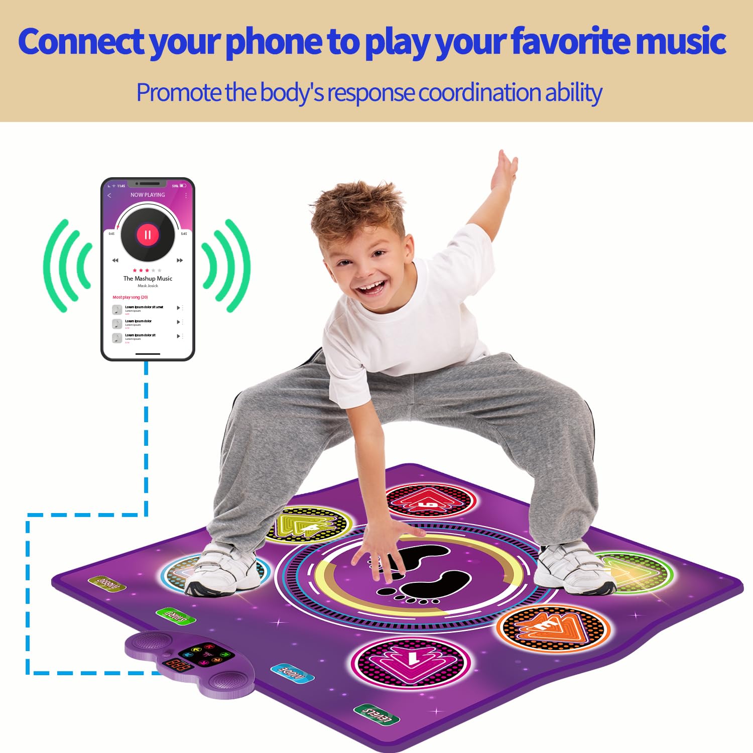Tappeto da Ballo Musicale elettronico aggiornato con 6 Tasti Luminosi, 6 modalità di Gioco, Supporta Musica da Cellulare, Ideale per Bambini 3-12 Anni, Compleanni