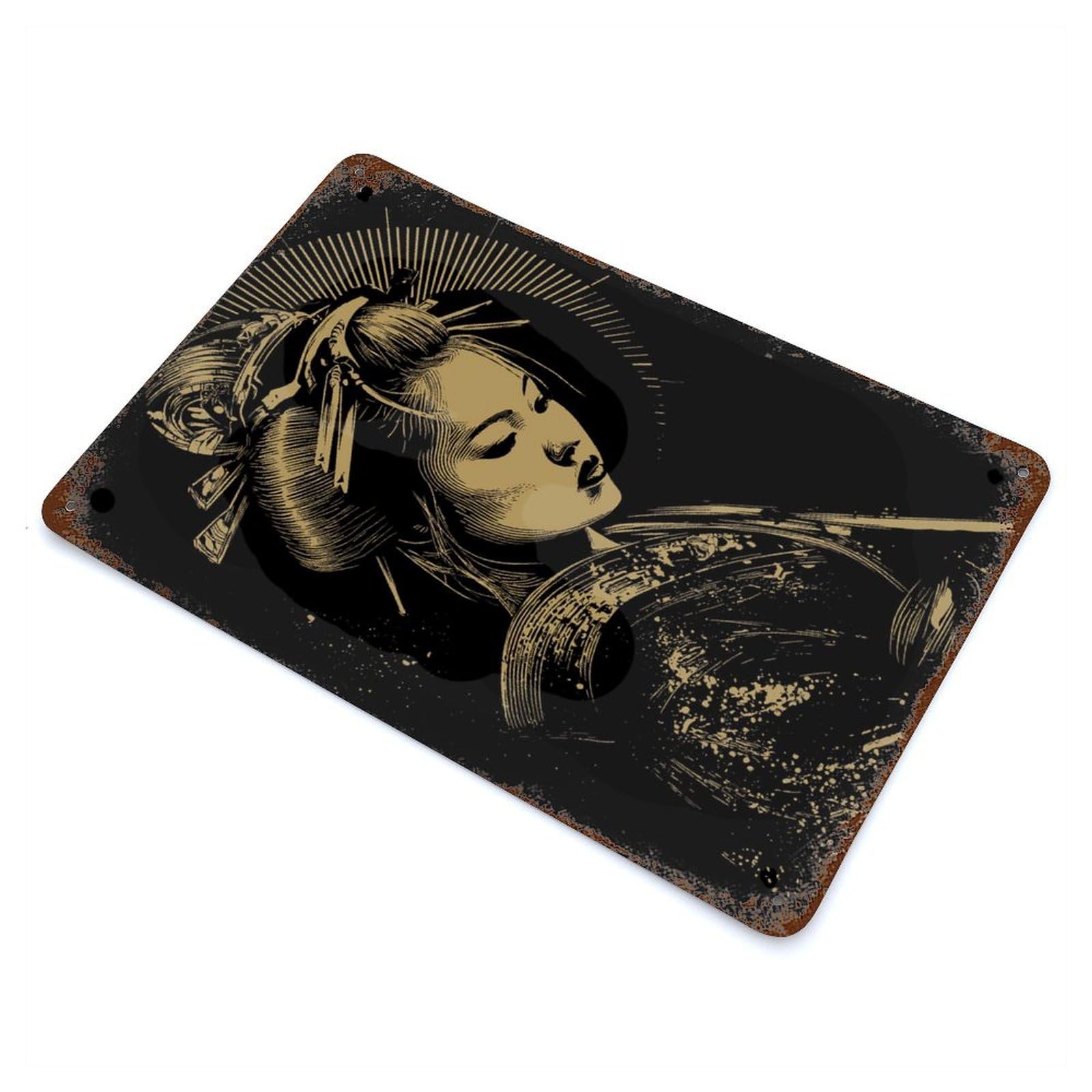 Geisha Portrait in Gold And Black Vintage Wall Sign 11.8"x7.9", Rust Effect Metal Decor for Bistro, Counter And Cafe Decor