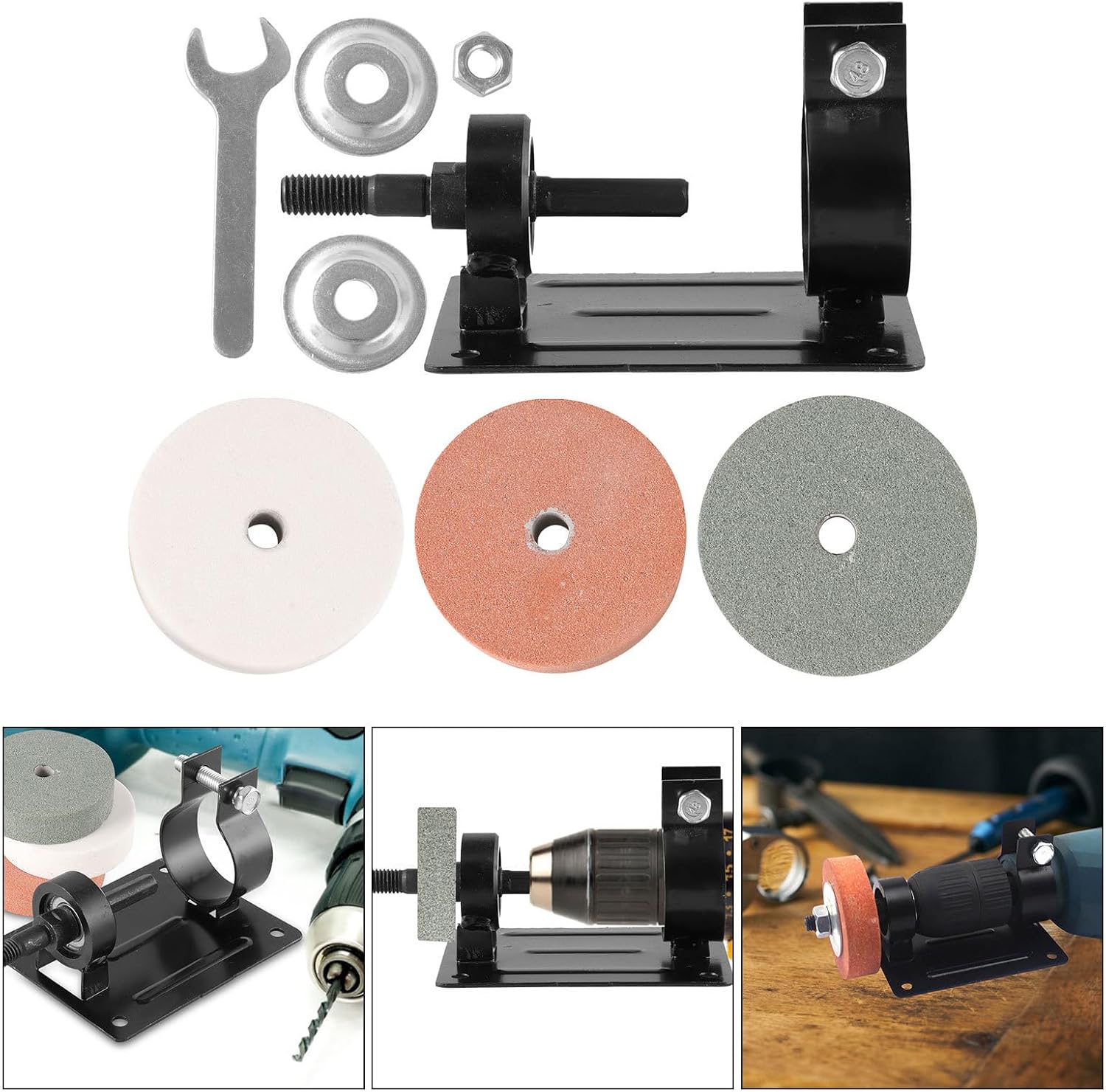 GALPADA Drill Clamp Stand with 3 Grinding Wheels Metal Polishing Vise Holder for Rotary Tool Bench Mount Woodworking and Jewelry Grinding