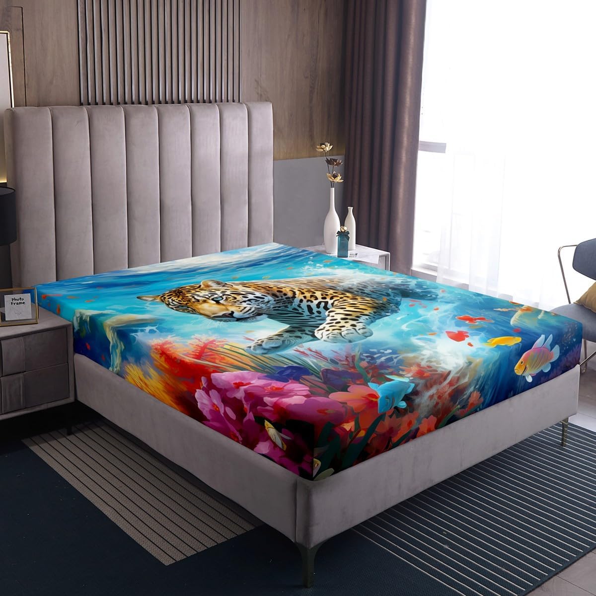 Erosebridal Leopard Cheetah Bed Sheets Sea Marine Themed Fitted Sheet Full Size, Jungle Woodland Animal Wildlife Bedding Chic Flower Floral Sheet, Tropical Beach Bed Cover (Deep Pocket)