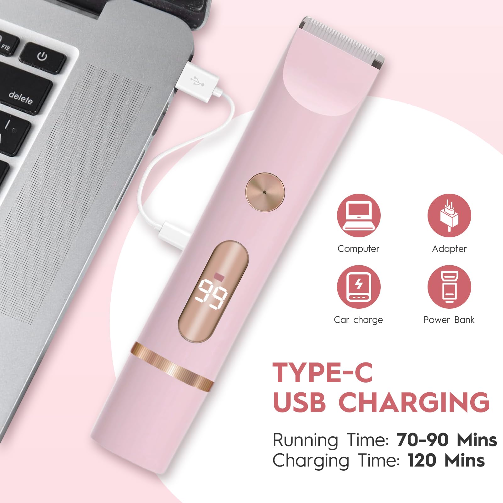 2 in 1 Rasoir Electrique Femme, Tondeuse Femme Intime, IPX7 Étanche Rasoir Femme, utilisation humide et sèche pour le visage, les aisselles, les jambes (Rose)