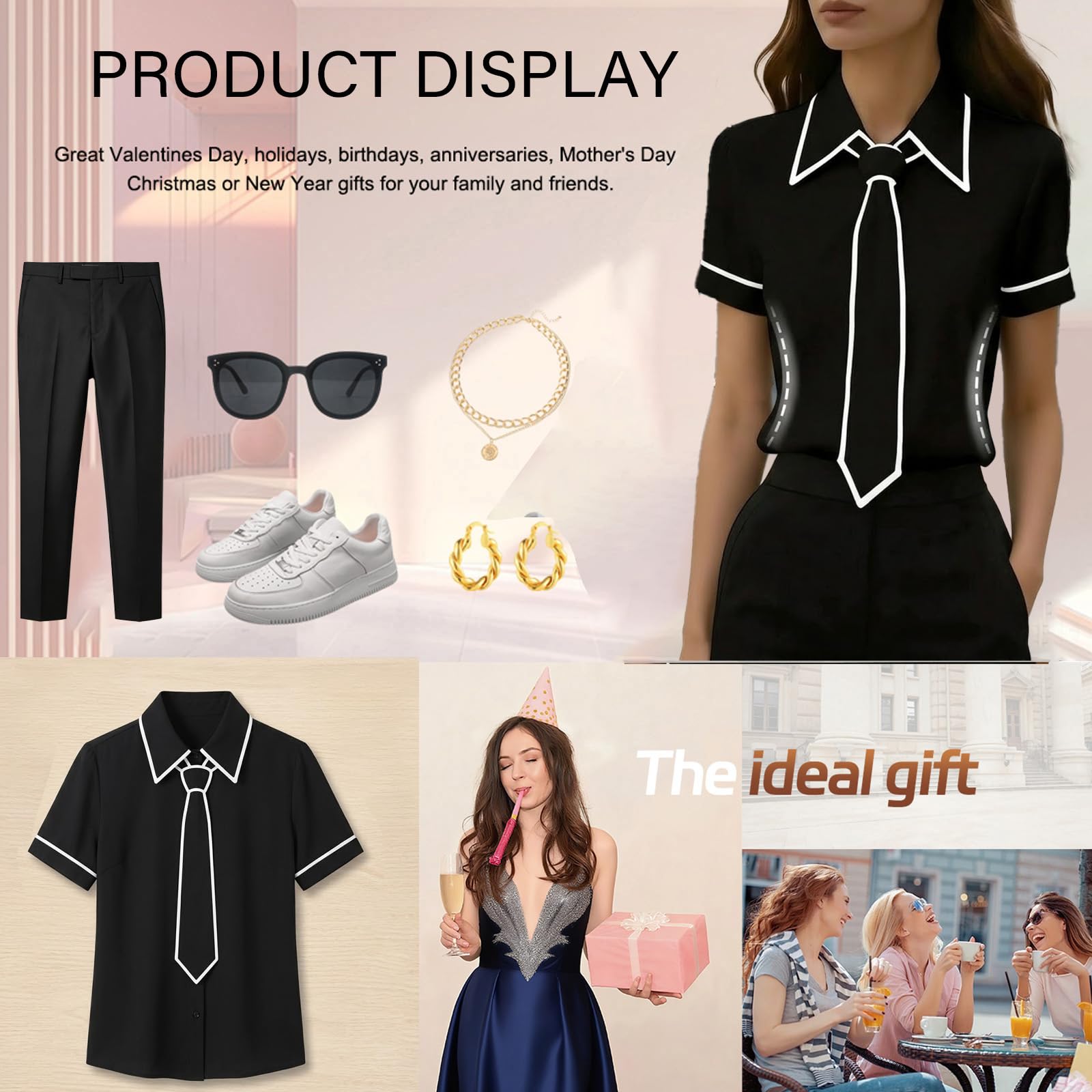 Blusa de satén de manga corta con botones para mujer, elegante, delgada, para negocios, trabajo, oficina, informal, con lazo en el cuello