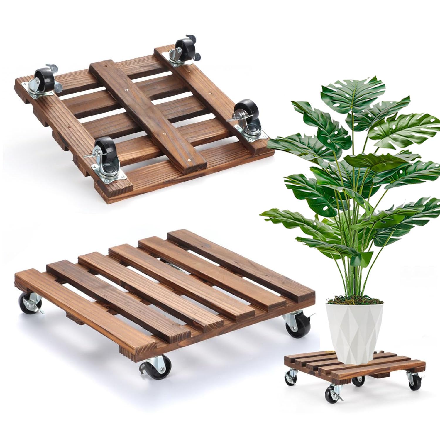 Ikodm 1X WPC Pflanzenroller Eckig 30 x 30 cm｜Blumenroller mit Rollen, Rolluntersetzer Tragkraft 80 kg｜Kübelroller für den Innen- und Außenbereich｜Rollbrett für Pflanzen, Blumentopf (Anthrazit