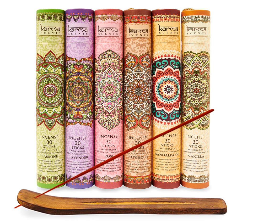 Karma Scents Premium Incense Sticks, Lavender, Sandalwood, Jasmine, Patchouli, Rose, Vanilla, Variety Gift Pack 180 Sticks, Includes a Holder in Each Box